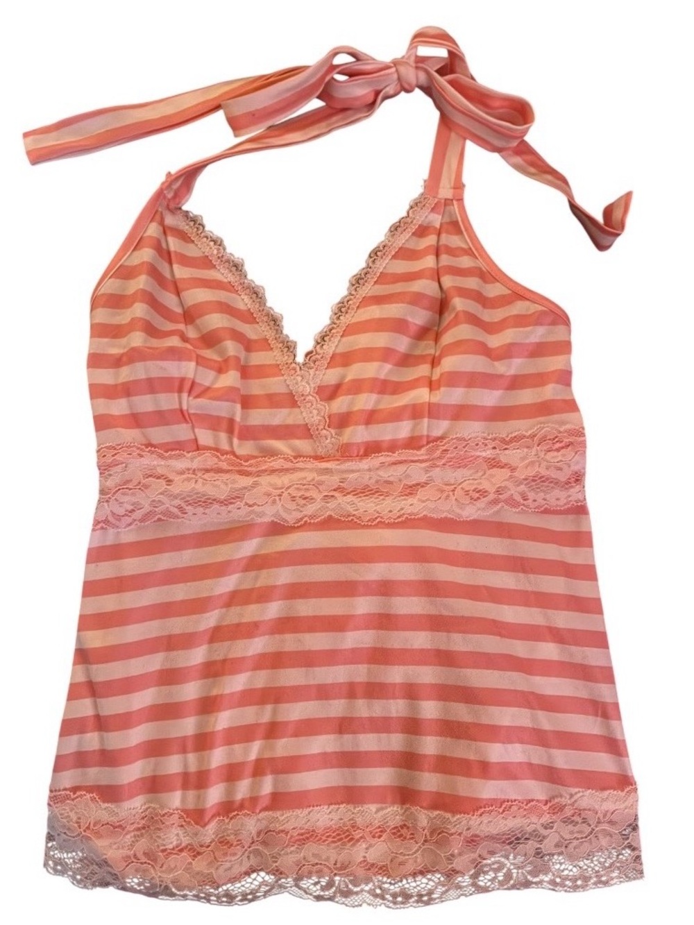 Women's Halter Lace Trim Tank - Pink Stripe